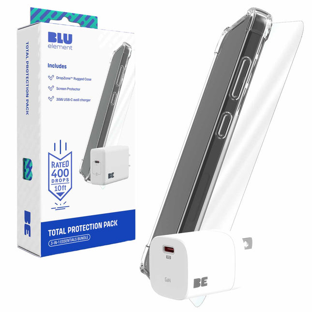 TOTAL PROTECTION (CASE GLASS CHARGER) BUNDLE FOR iPhone 16E/14/13 - CLEAR Clear