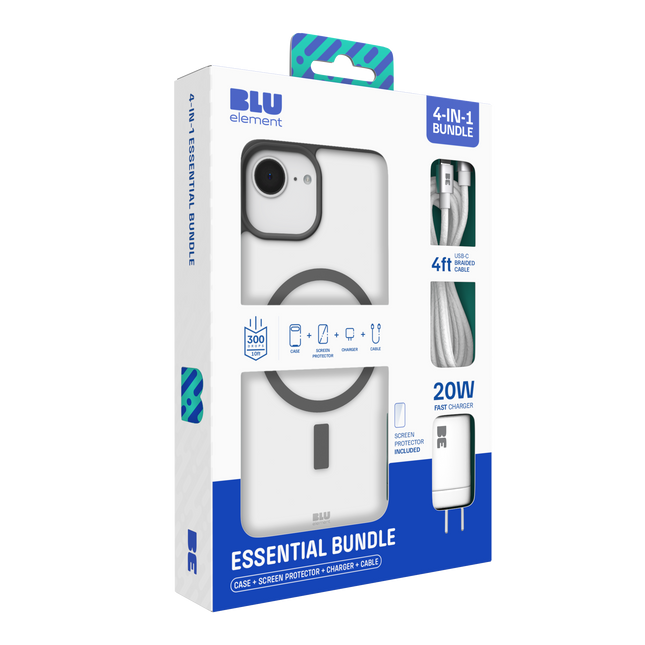 4-in-1 Essentials Bundle (Chromatic Mag Case Screen Protector 20W Charger 4ft USB-C Cable) iPhone 17e/16e/14/13 Black