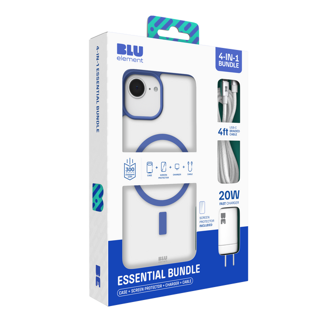 4-in-1 Essentials Bundle (Chromatic Mag Case Screen Protector 20W Charger 4ft USB-C Cable) iPhone 17e/16e/14/13 Navy