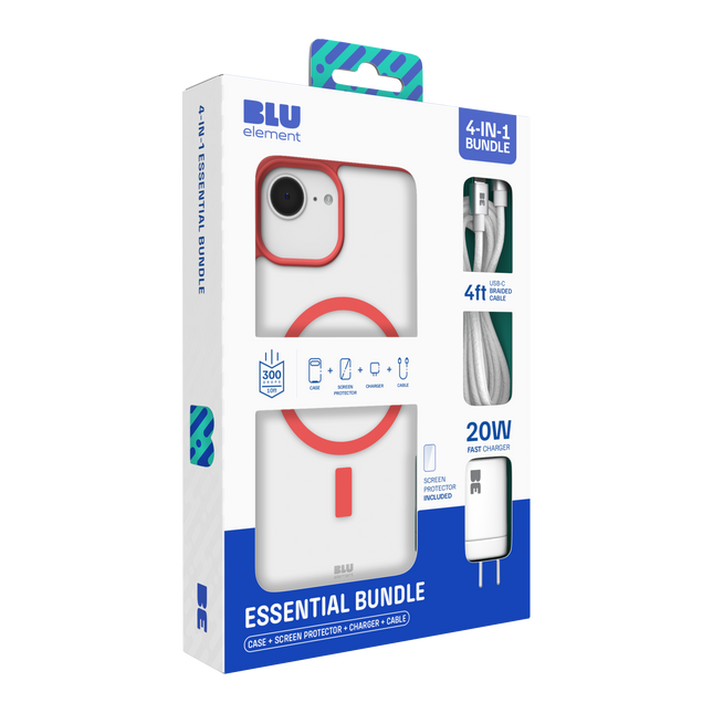 4-in-1 Essentials Bundle (Chromatic Mag Case Screen Protector 20W Charger 4ft USB-C Cable) iPhone 17e/16e/14/13 Red
